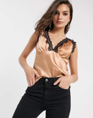 Asos Design Satin Cami With Lace Insert With Tie Back In Tan-no Color