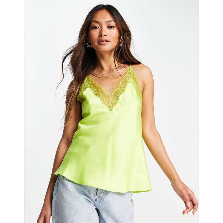 ASOS DESIGN satin cami with lace neck and waist insert in lime green