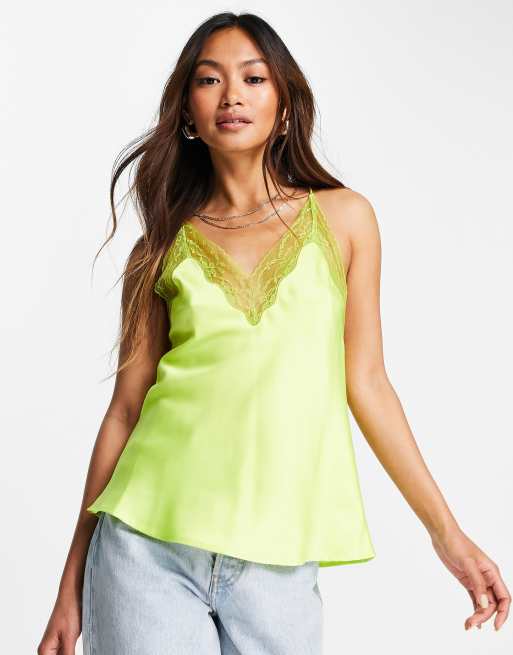 ASOS DESIGN satin cami with lace neck and waist insert in lime green