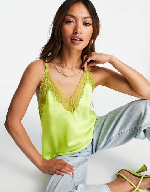 ASOS DESIGN satin cami with lace neck and waist insert in lime green