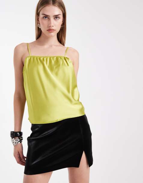 ASOS DESIGN satin cami with lingerie details in lime - view 1