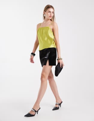 Asos Design Satin Cami With Lingerie Details In Green