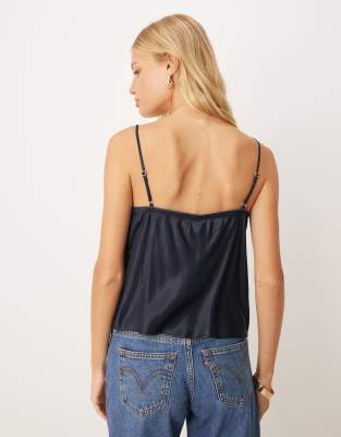 Asos Design Satin Cami With Lingerie Details In Blue