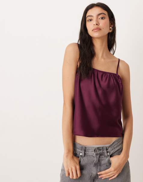 ASOS DESIGN satin cami with lingerie details in plum - view 1