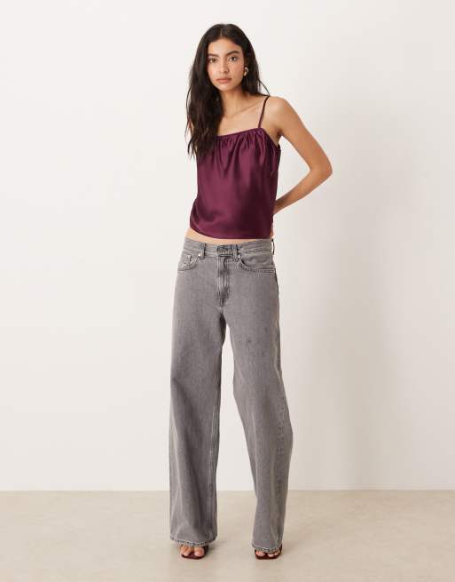 ASOS DESIGN satin cami with lingerie details in plum, 3 of 4