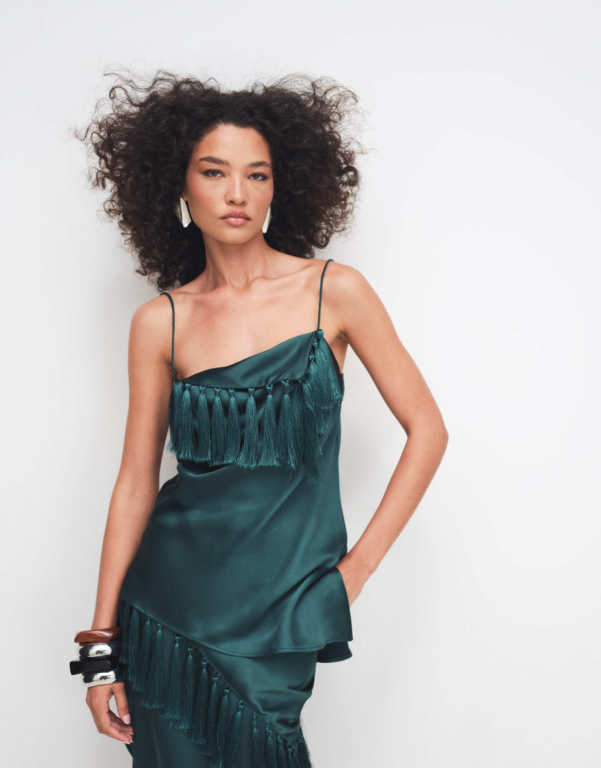 asos design satin cami with tassel detail in dark green