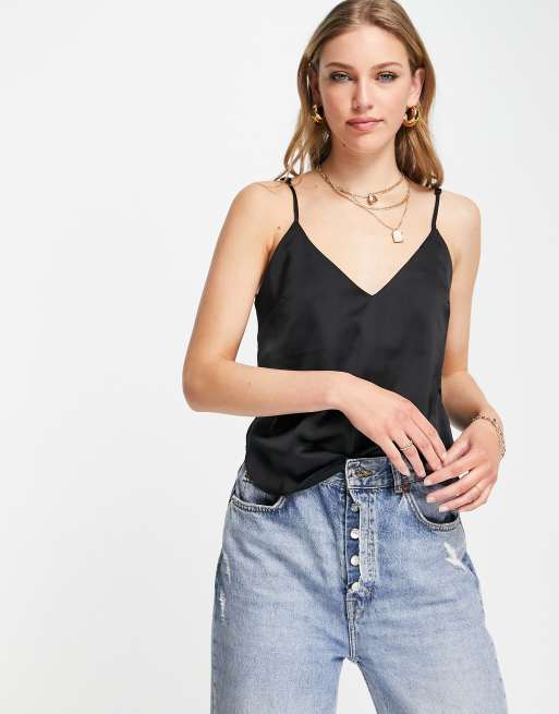 ASOS DESIGN satin cami with wrap back detail in black