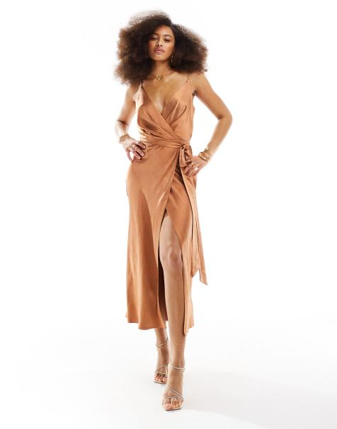 ASOS DESIGN satin cami wrap midaxi dress in chocolate - view 1