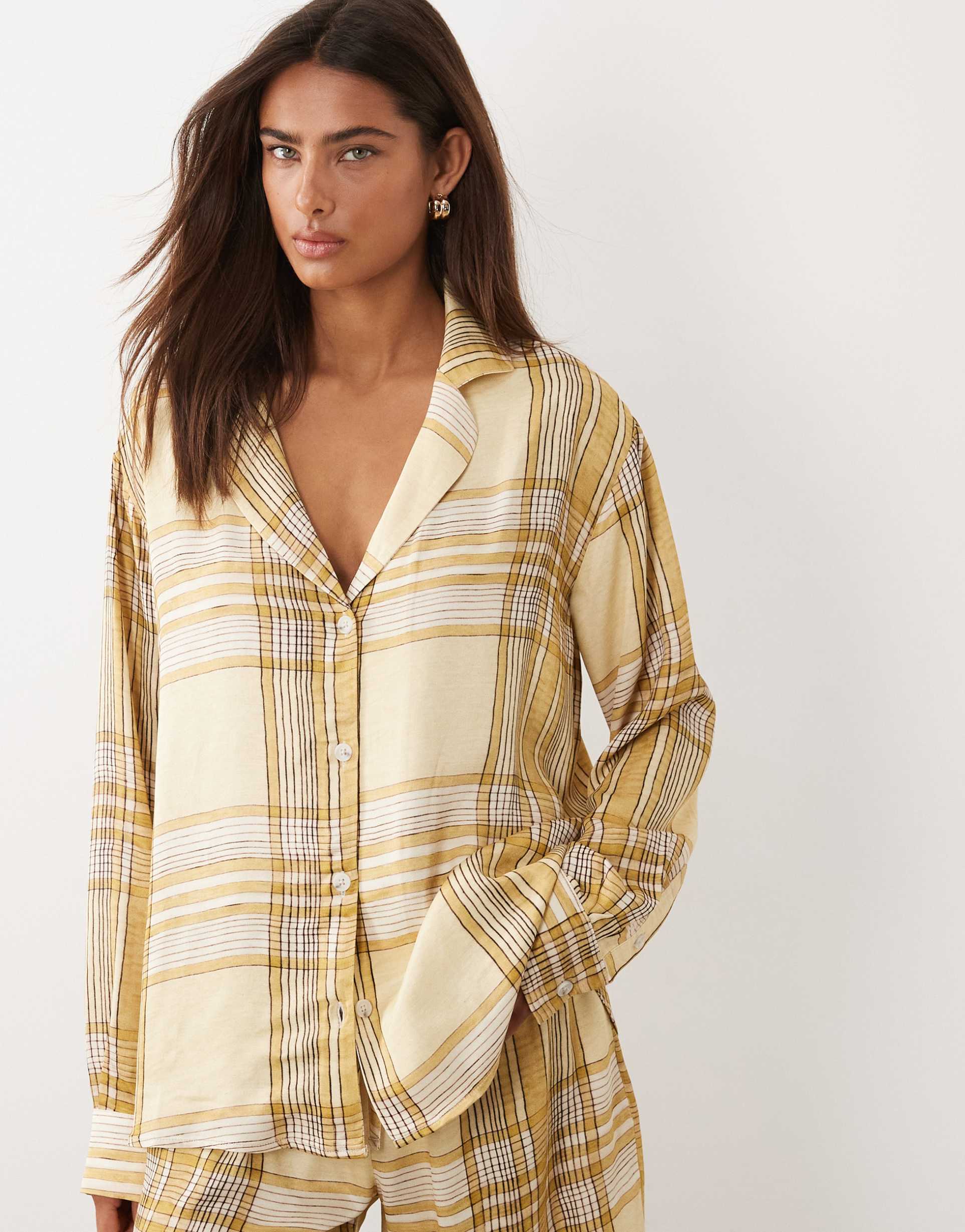 asos design satin camp collar shirt in yellow plaid - part of a set
