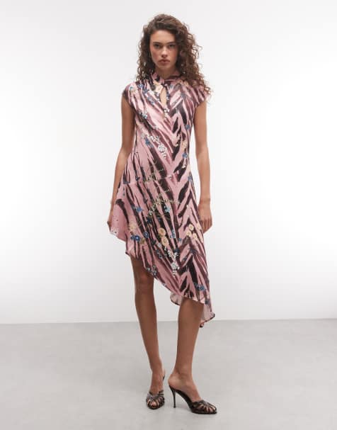 ASOS DESIGN satin cap sleeve sliced keyhole asym midi dress in pink zebra - view 1
