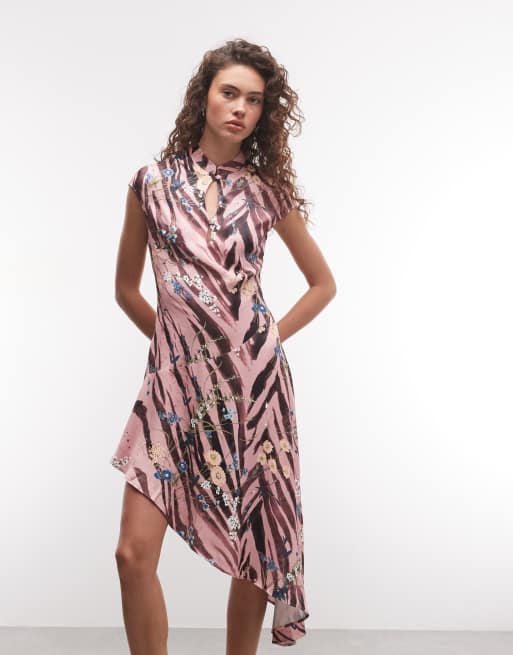 ASOS DESIGN satin cap sleeve sliced keyhole asym midi dress in pink zebra, 4 of 4