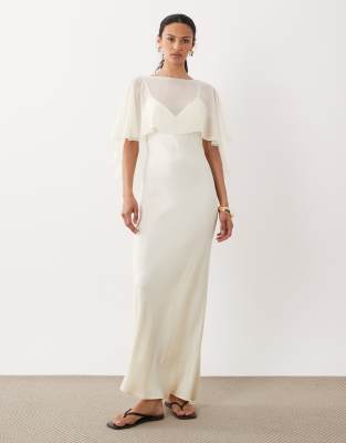 ASOS DESIGN satin cape layer maxi dress in ecru-White