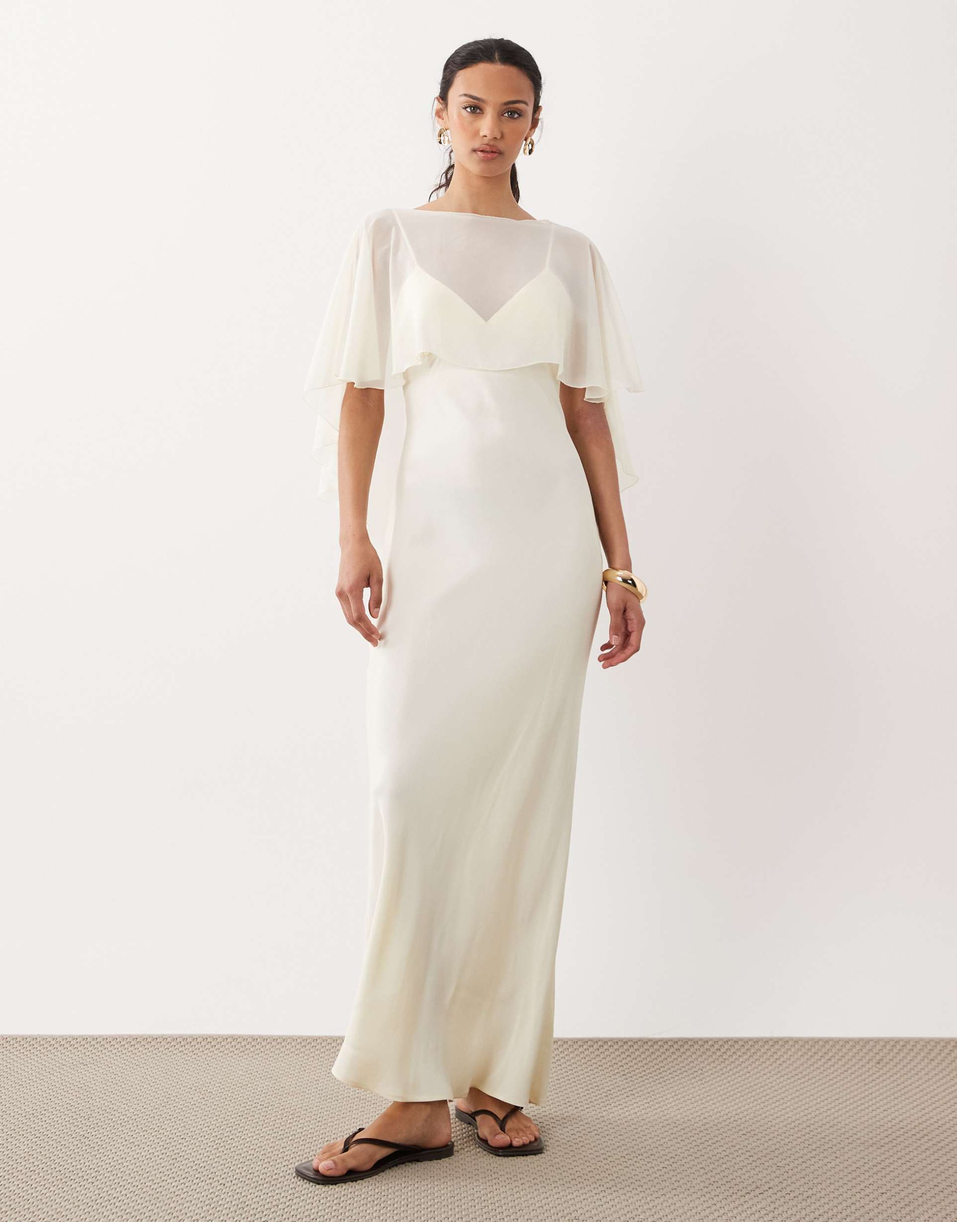 asos design satin cape layer maxi dress in ecru
