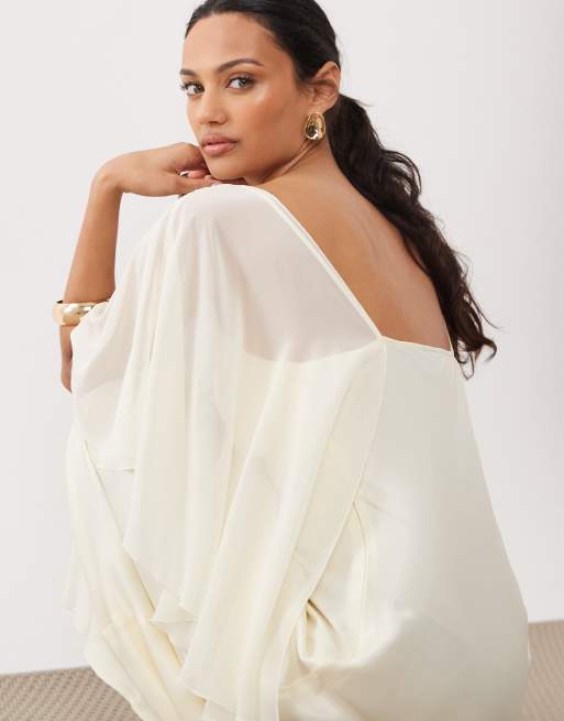 ASOS DESIGN satin cape layer maxi dress in ecru, 3 of 4