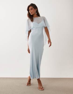 Asos Design Satin Cape Layer Maxi Dress In Blue