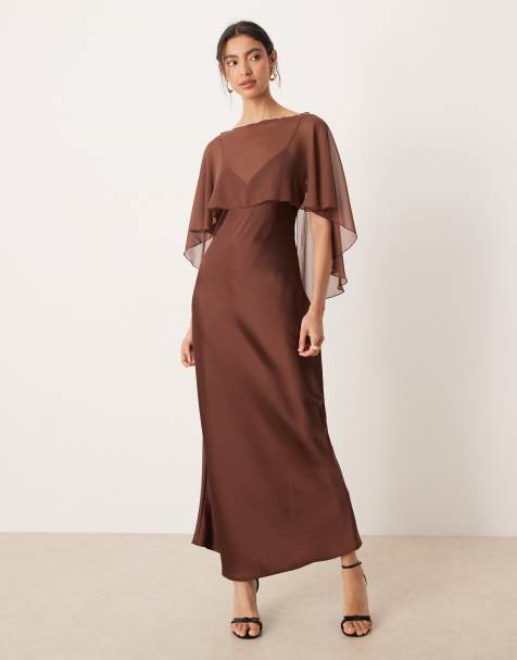 ASOS DESIGN satin cape maxi dress in chocolate - view 1