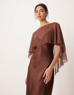 Asos Design Satin Cape Maxi Dress In Brown