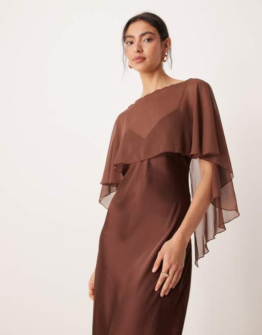 ASOS DESIGN satin cape maxi dress in chocolate, 2 of 4