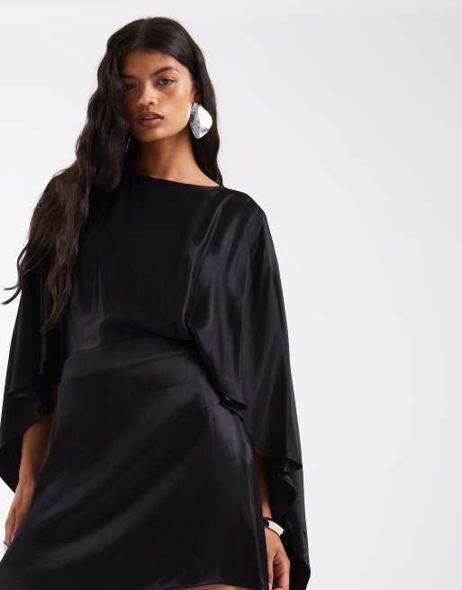 ASOS DESIGN satin cape mini dress in black, 3 of 4