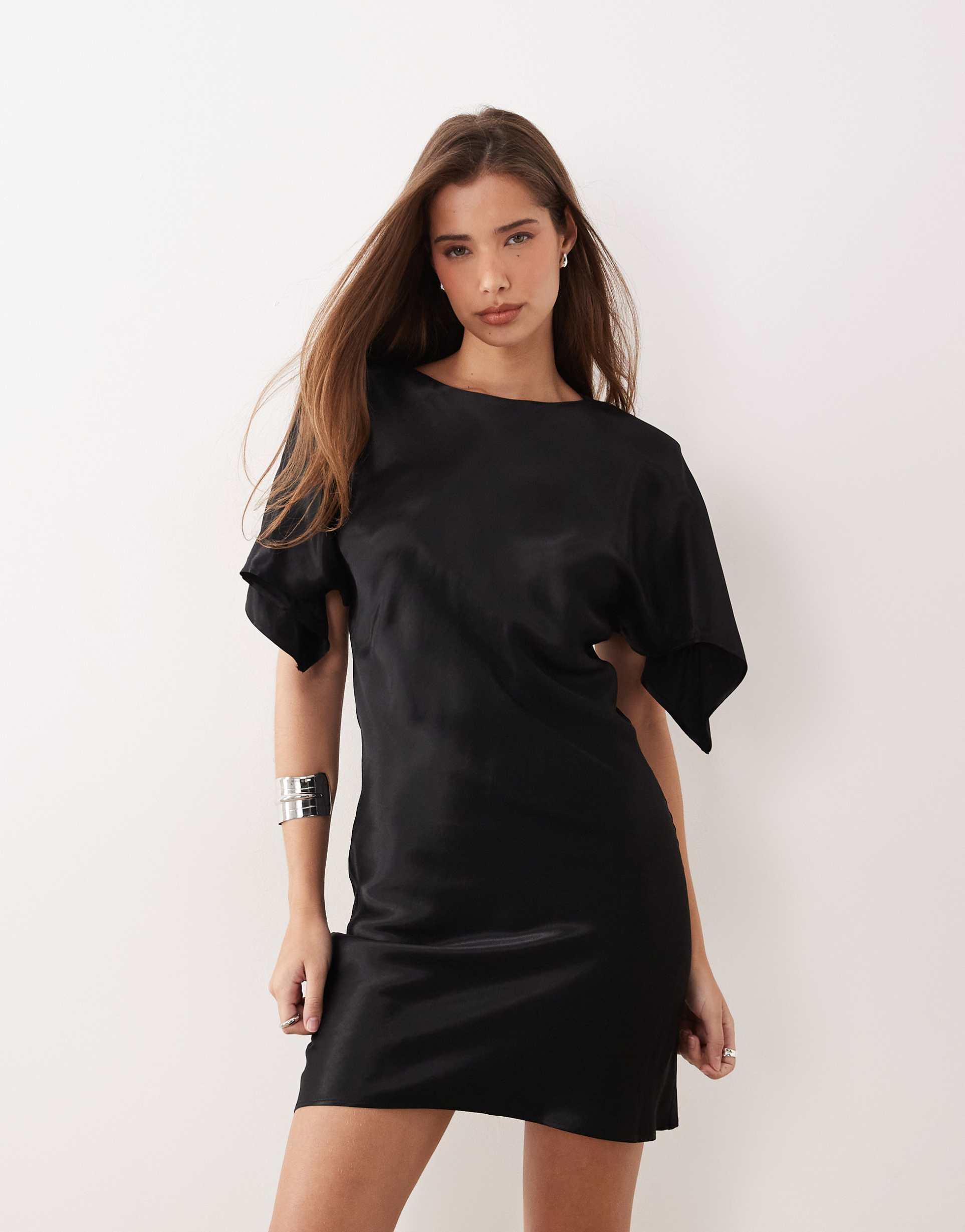 asos design satin cape sleeve maxi dress in black