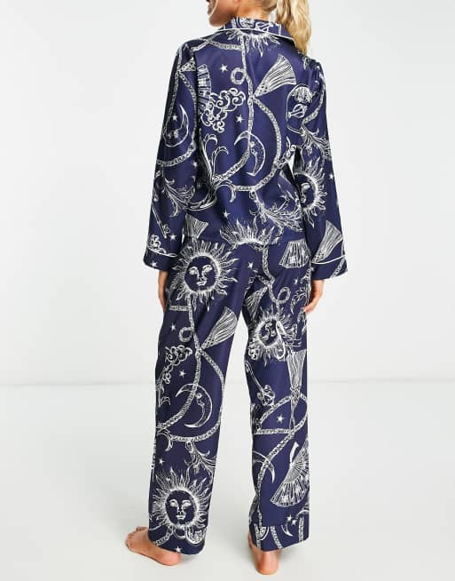 ASOS DESIGN satin celestial baroque shirt & pants pajama set in navy & cream