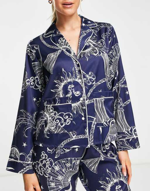 ASOS DESIGN satin celestial baroque shirt & pants pajama set in navy & cream