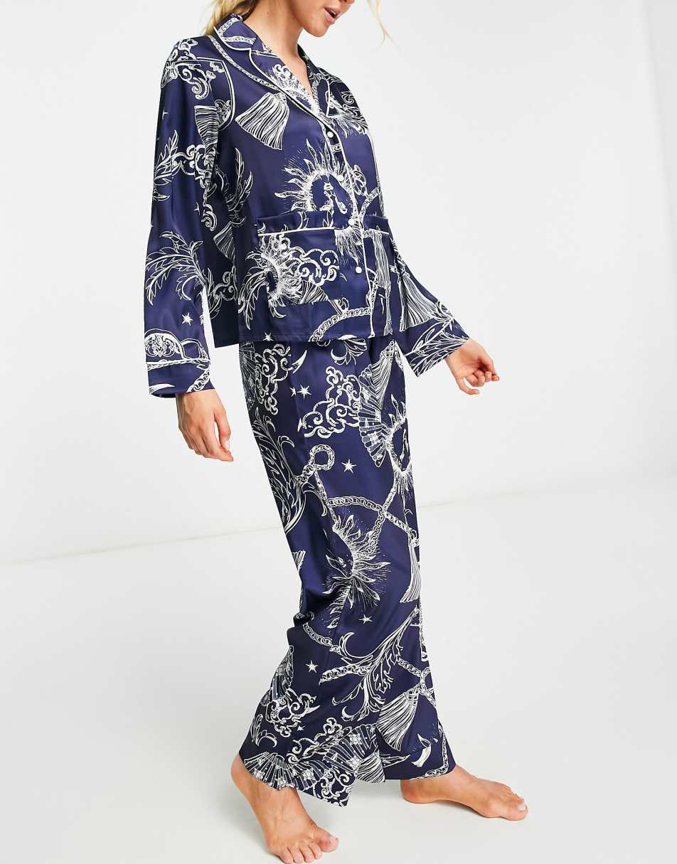 ASOS DESIGN satin celestial baroque shirt & trouser pyjama set in