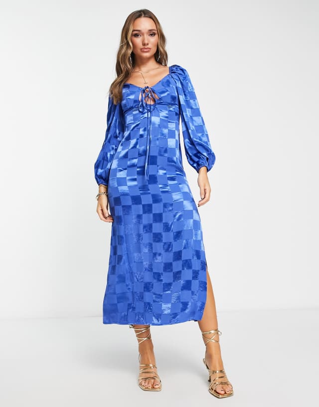 ASOS DESIGN satin checkerboard jacquard midi dress with tie neck detail in blue