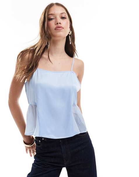 ASOS DESIGN satin chiffon mix cami top in blue - view 1