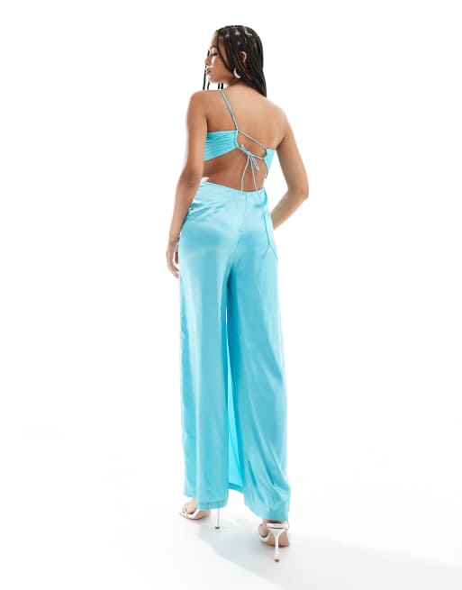 ASOS DESIGN satin chiffon mix cut out wide leg jumpsuit in turquoise, 2 of 4