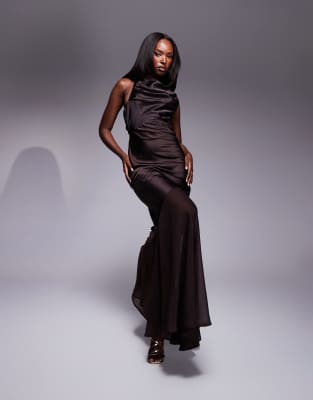 ASOS DESIGN satin chiffon mix draped bodice open cowl back maxi dress in chocolate-Green