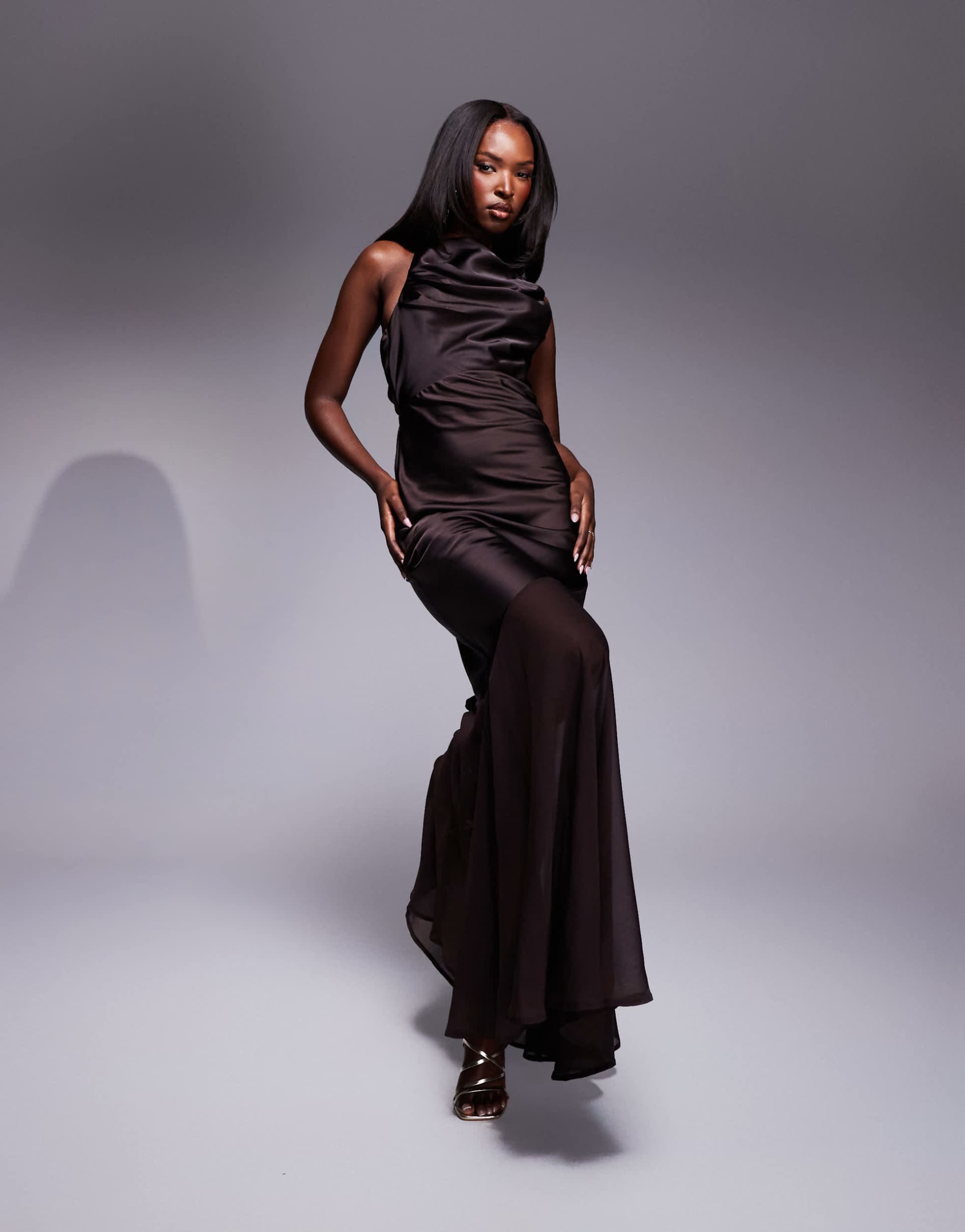 asos design satin chiffon mix draped bodice open cowl back maxi dress in chocolate
