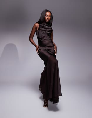 Asos Design Satin Chiffon Mix Draped Bodice Open Cowl Back Maxi Dress In Chocolate-green