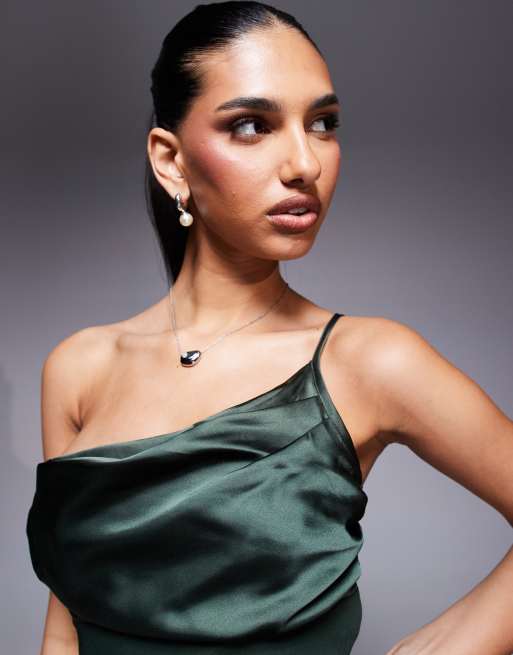 ASOS DESIGN satin chiffon mix draped one shoulder maxi dress in dark green