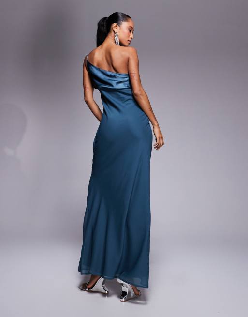 ASOS DESIGN satin chiffon mix draped one shoulder maxi dress in deep green