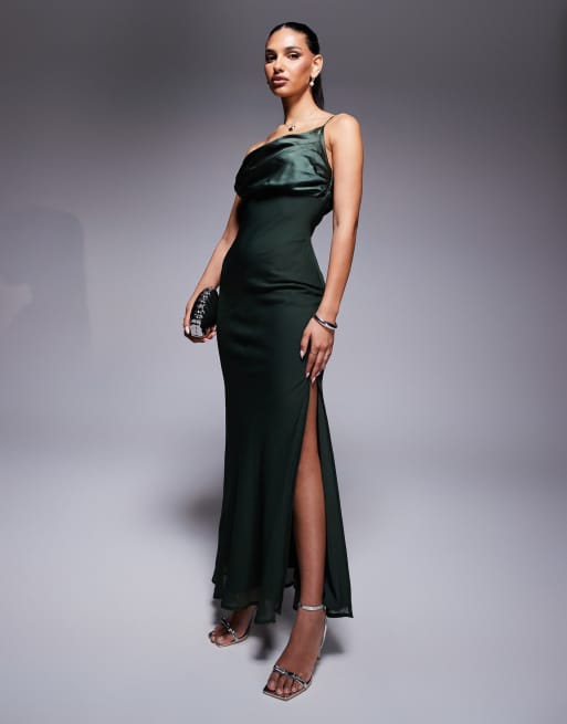 ASOS DESIGN satin chiffon mix draped one shoulder maxi dress in olive green