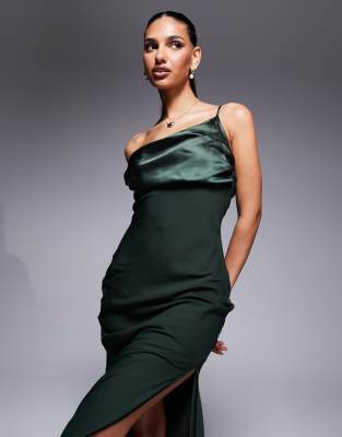 Asos Design Satin Chiffon Mix Draped One-shoulder Maxi Dress In Green
