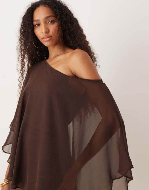 ASOS DESIGN satin chiffon mix drape one shoulder mini dress in chocolate