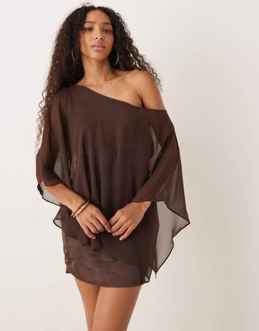 ASOS DESIGN satin chiffon mix drape one shoulder mini dress in chocolate