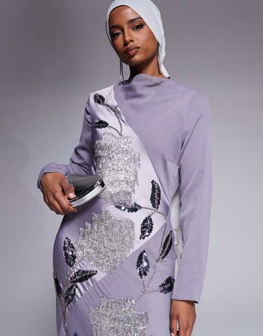ASOS DESIGN satin chiffon mix embellished maxi dress with cowl neck in dusky purple 