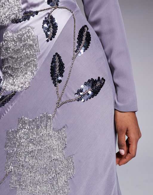 ASOS DESIGN satin chiffon mix embellished maxi dress with cowl neck in dusky purple 