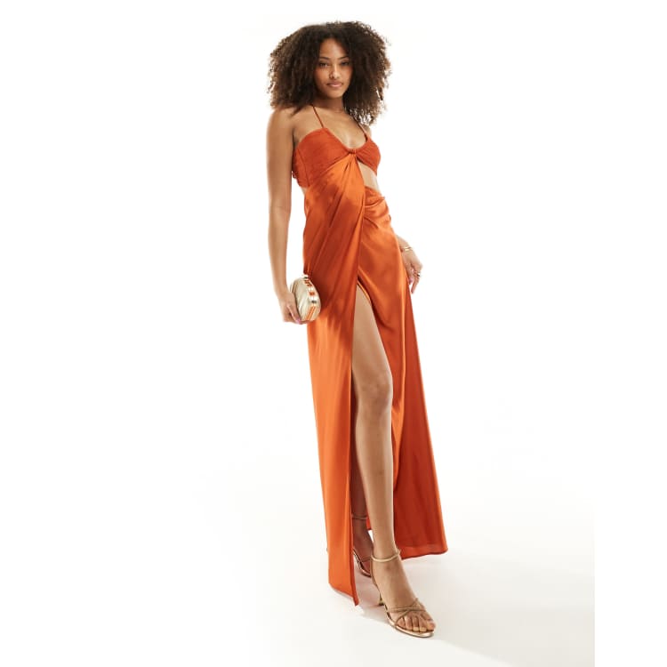 ワンピース CUT-OUT SATIN DRESS IN CREPE SATIN WITH RHINESTONE DETAIL Satin Bandeau Cut Out Detail Maxi Dress | boohoo