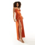 [ASOS DESIGN] ASOS DESIGN satin chiffon mix gathered cut out maxi dress with tie back in rust-Orange 14 RUST