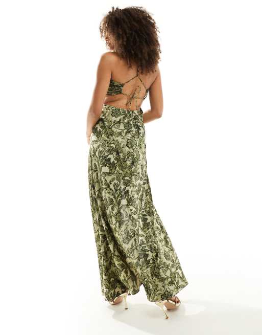 ASOS DESIGN satin chiffon mix gathered cut out maxi dress with tie back in shadow floral print ASOS