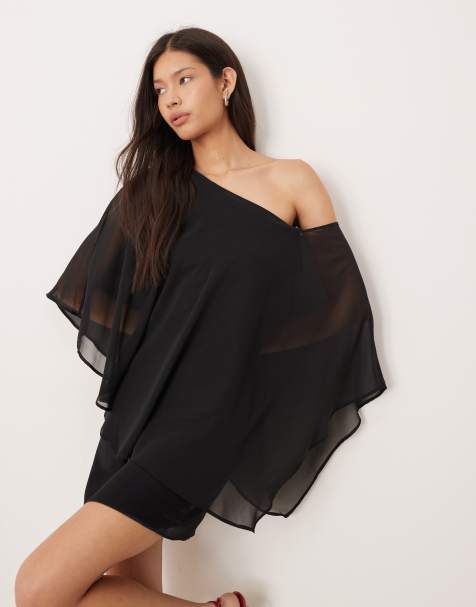 ASOS DESIGN satin chiffon mix one shoulder mini dress in black - view 1