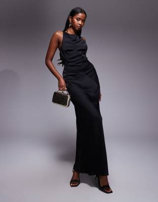 Asos Design Satin Chiffon Mix Paneled Bias Cut Maxi Dress With Wrap Back Detailing In Black