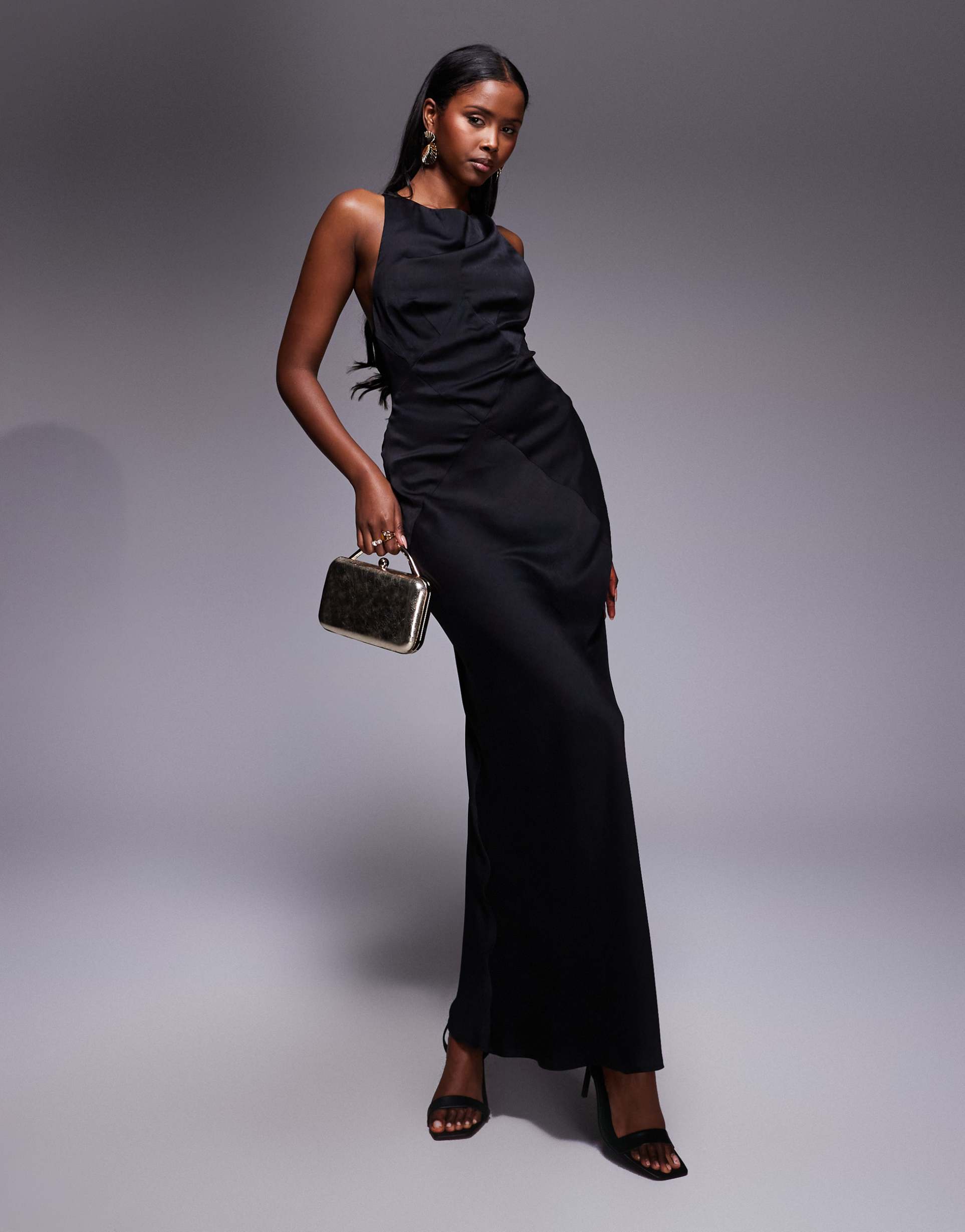 asos design satin chiffon mix paneled bias cut maxi dress with wrap back detailing in black