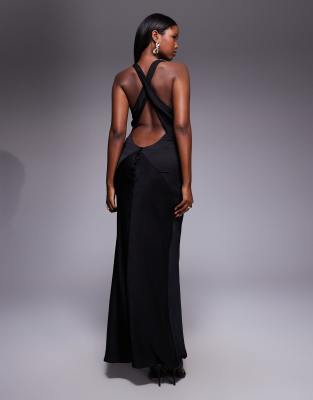 Asos Design Satin Chiffon Mix Paneled Bias Cut Maxi Dress With Wrap Back Detailing In Black