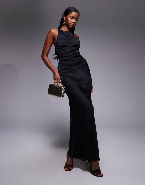 ASOS DESIGN satin chiffon mix panelled bias maxi dress with wrap back detail in black