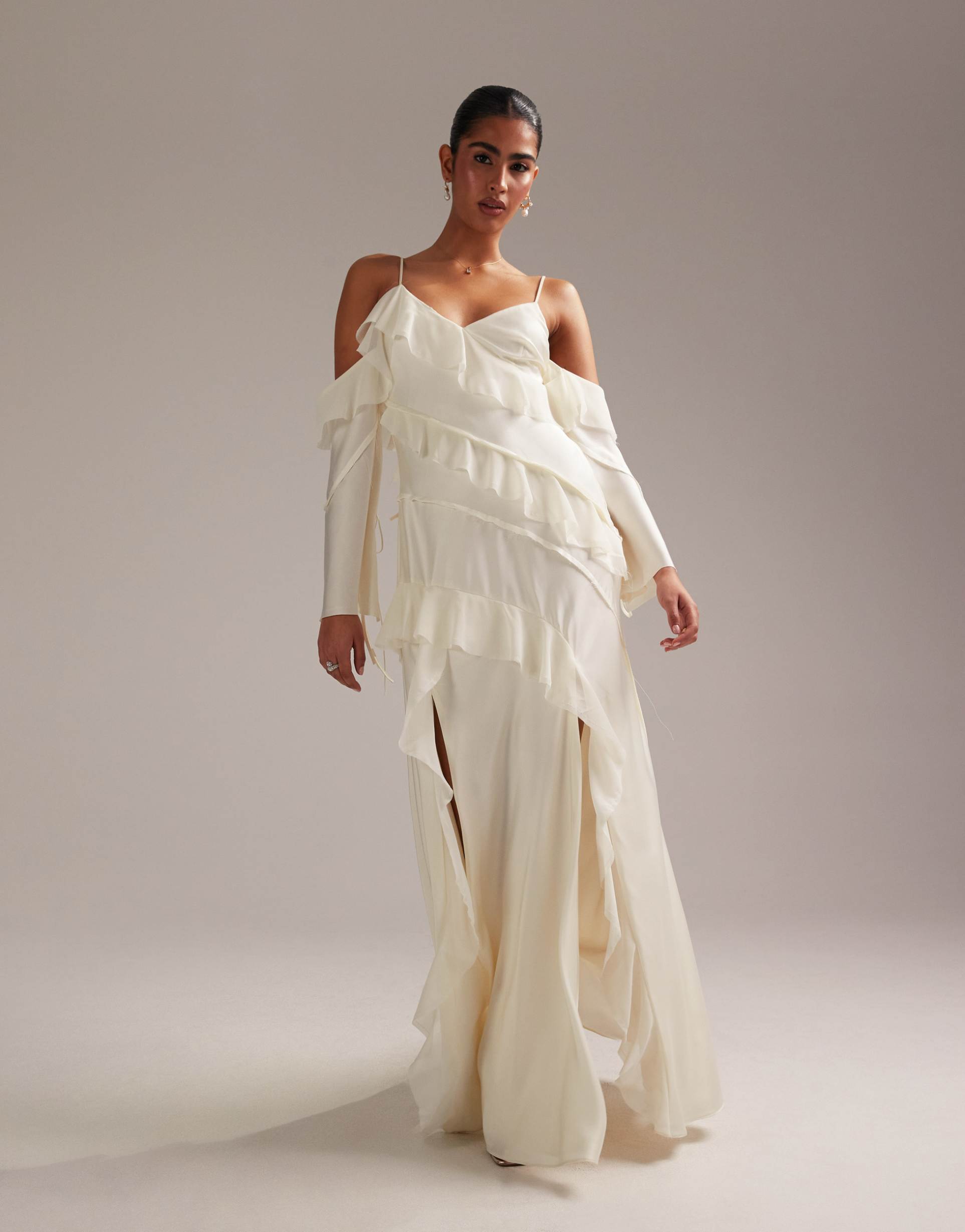 asos design satin chiffon mix ruffle cold shoulder maxi dress in ivory